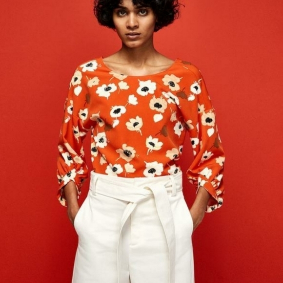 Zara Button Back Plunge Boat Neckline 3/4 Sleeve Floral Top | Red Orange; sz M - Picture 14 of 14